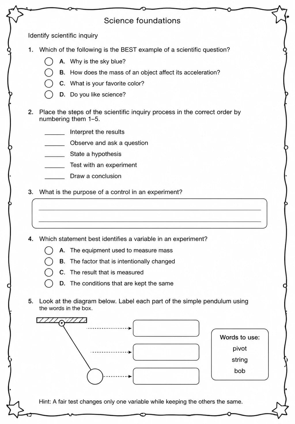 Identify scientific inquiry — free printable High School Science worksheet