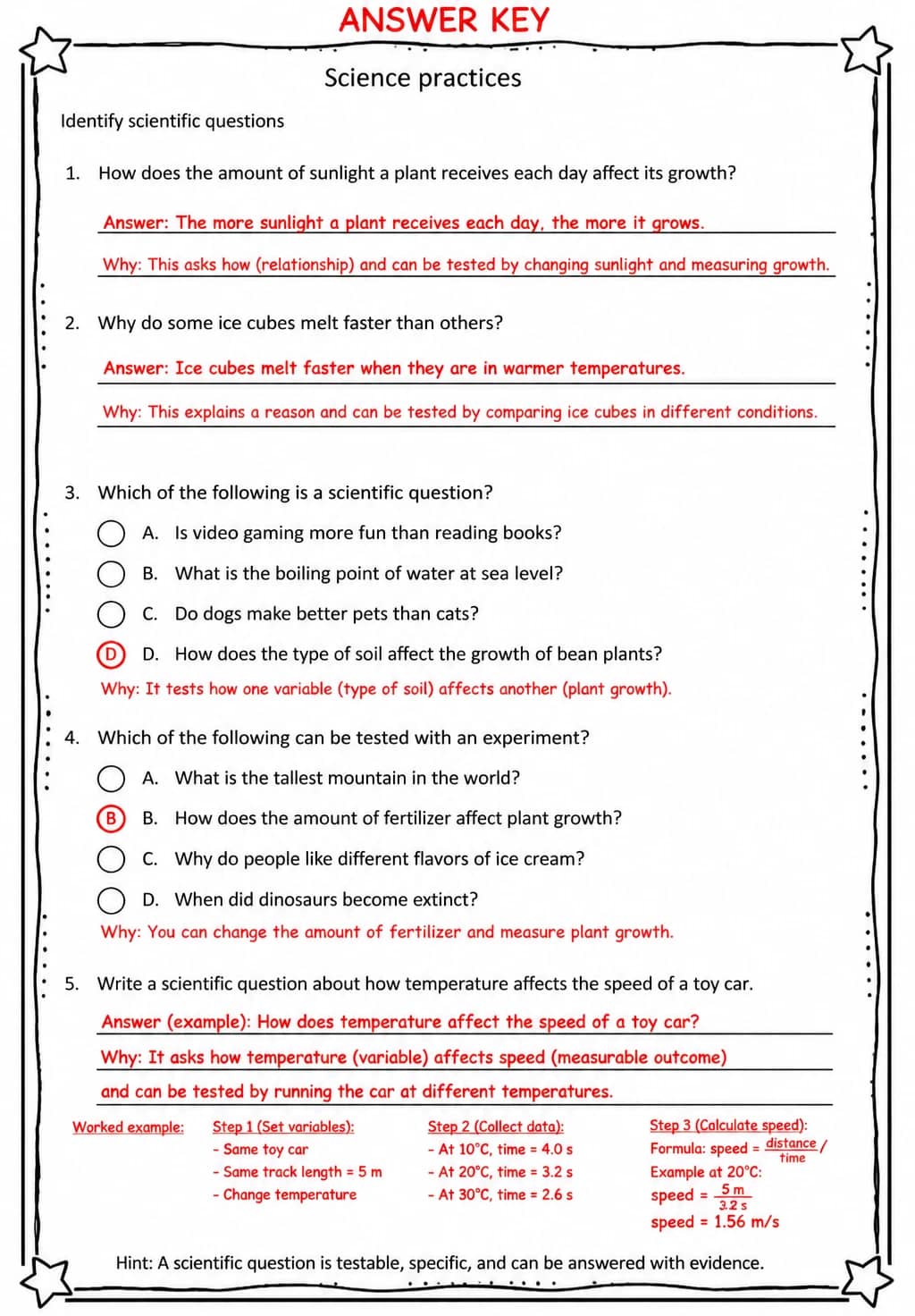 Answer key for Identify scientific questions — free printable Science worksheet
