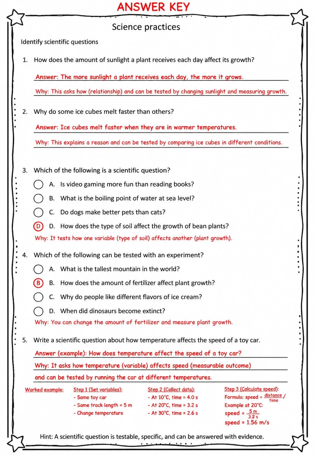Answer key for Identify scientific questions — free printable Science worksheet