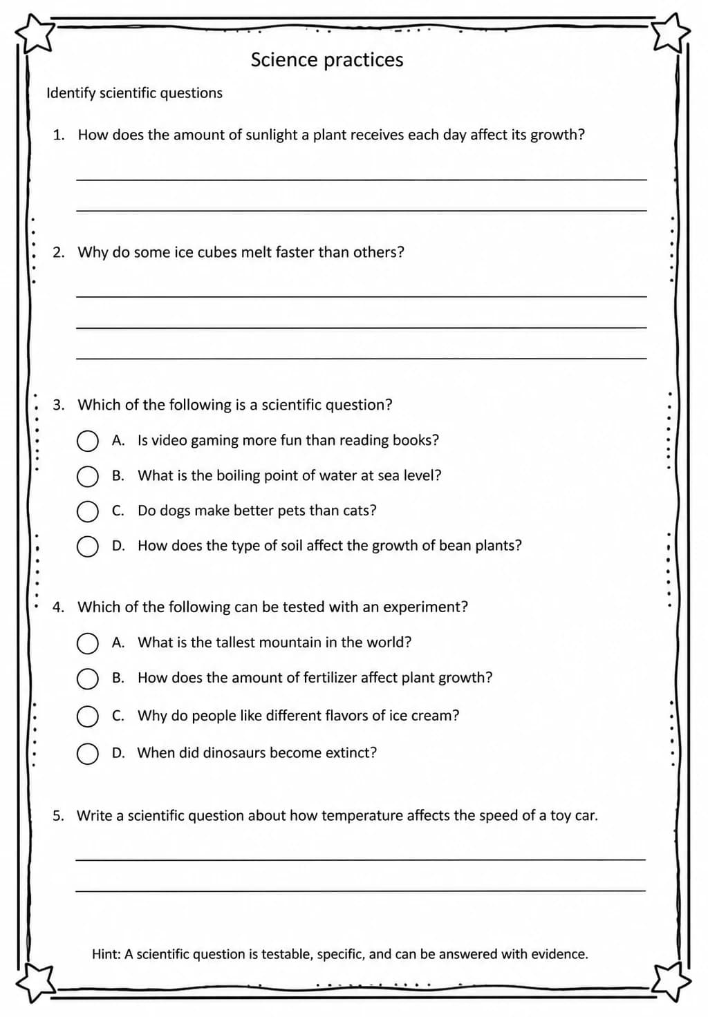 Identify scientific questions — free printable Grade 5 Science worksheet