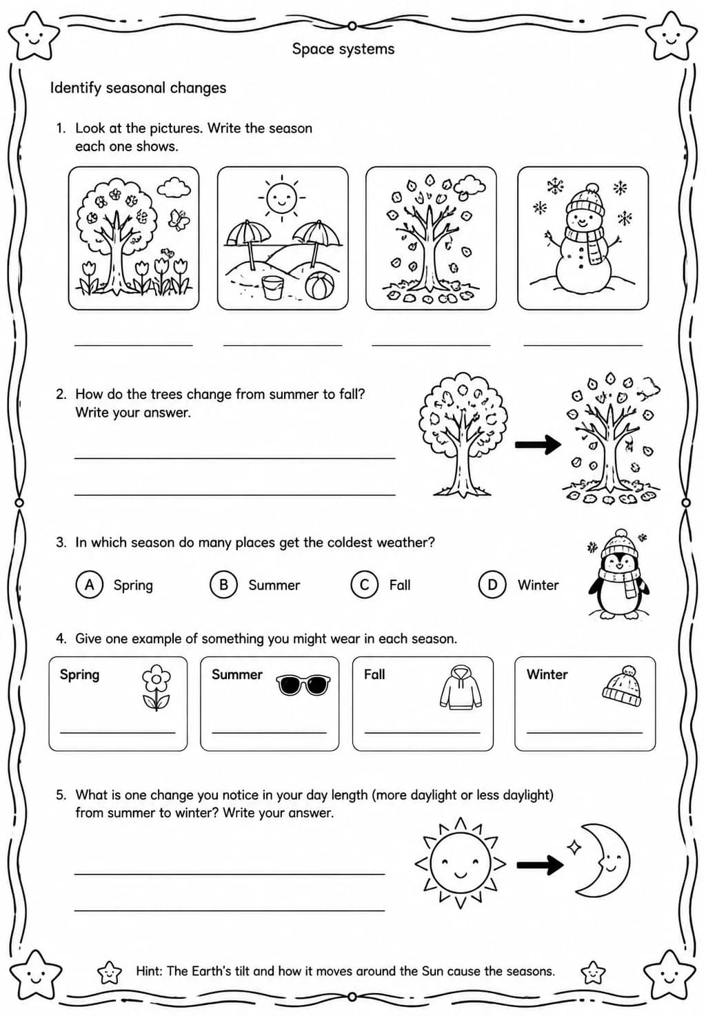 Identify seasonal changes — free printable Grade 3 Science worksheet