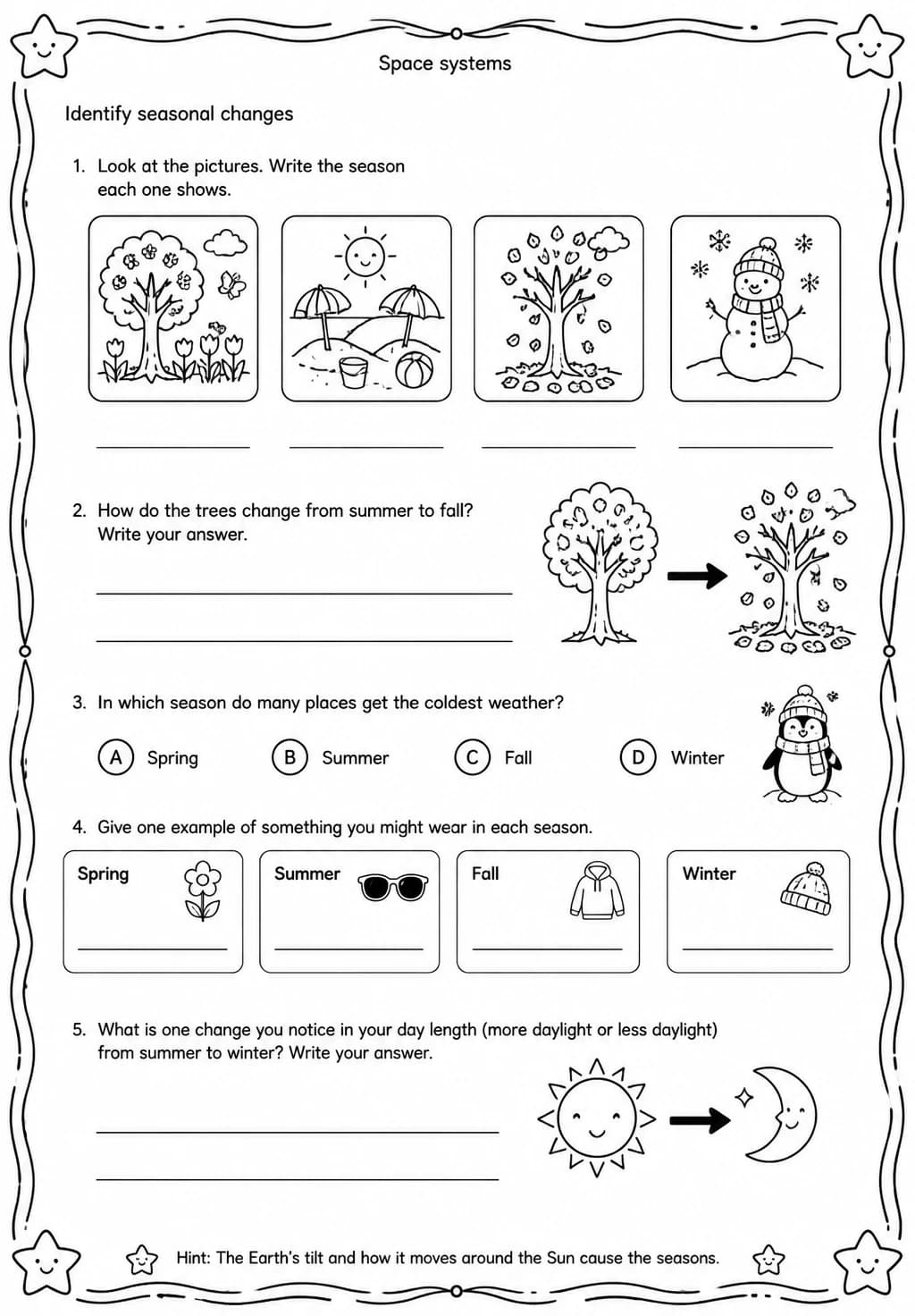 Identify seasonal changes — free printable Grade 3 Science worksheet
