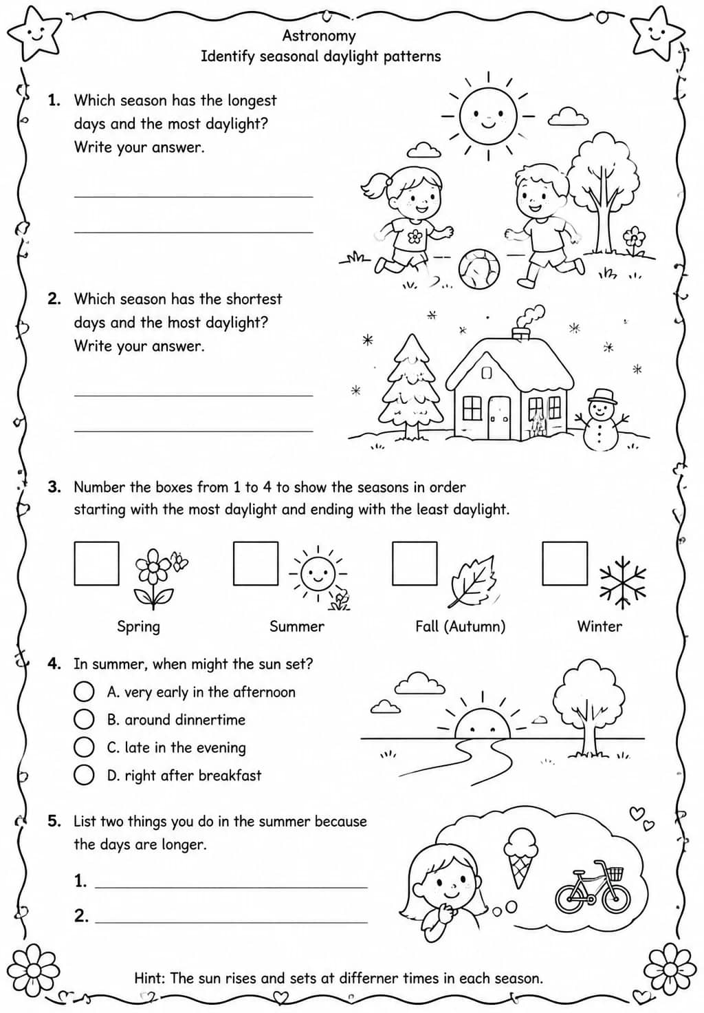 Identify seasonal daylight patterns — free printable Grade 1 Science worksheet