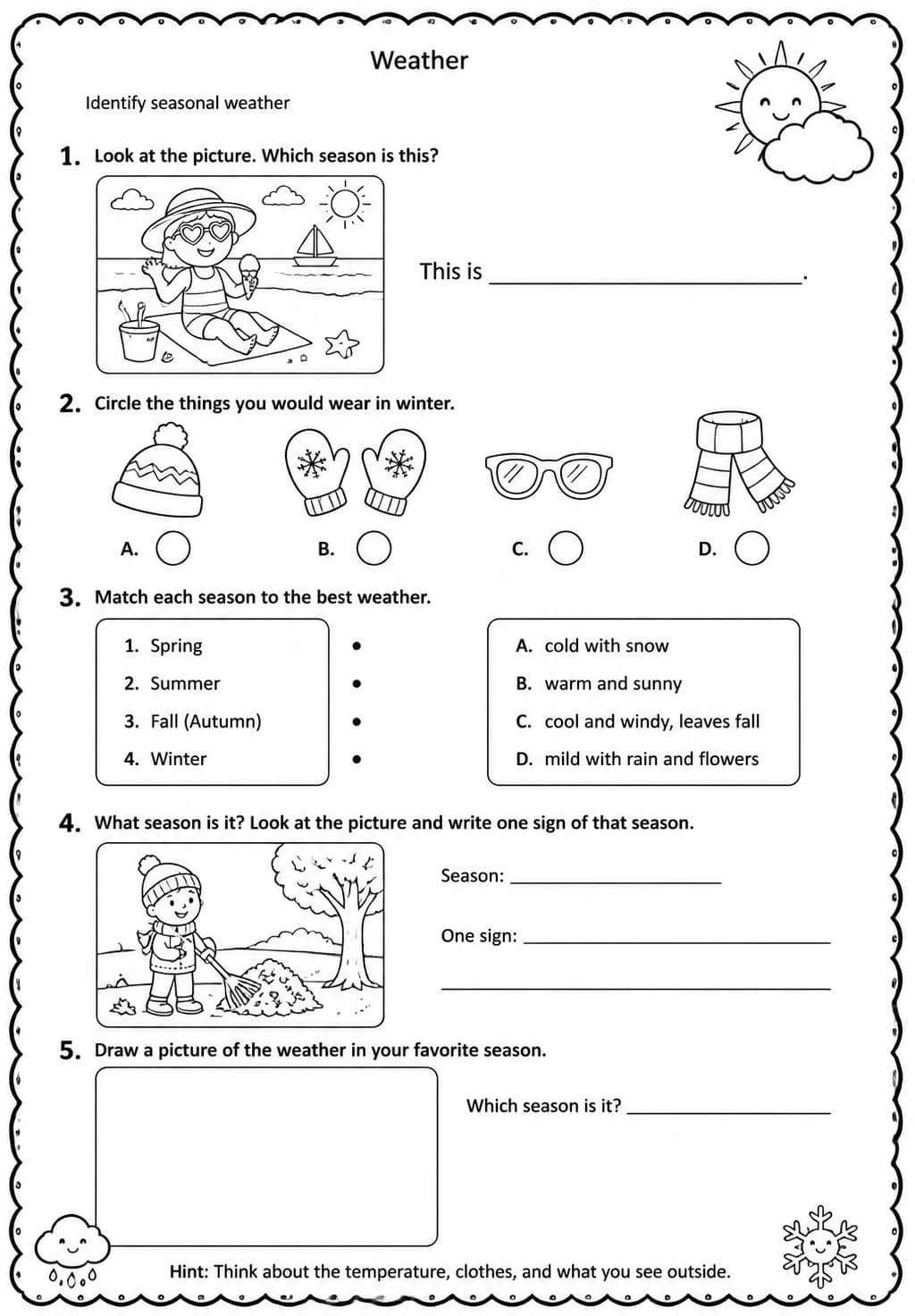 Identify seasonal weather — free printable Grade 2 Science worksheet