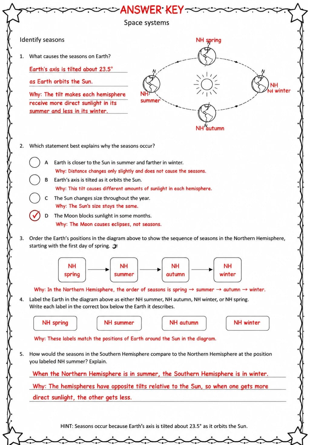 Answer key for Identify seasons — free printable Science worksheet