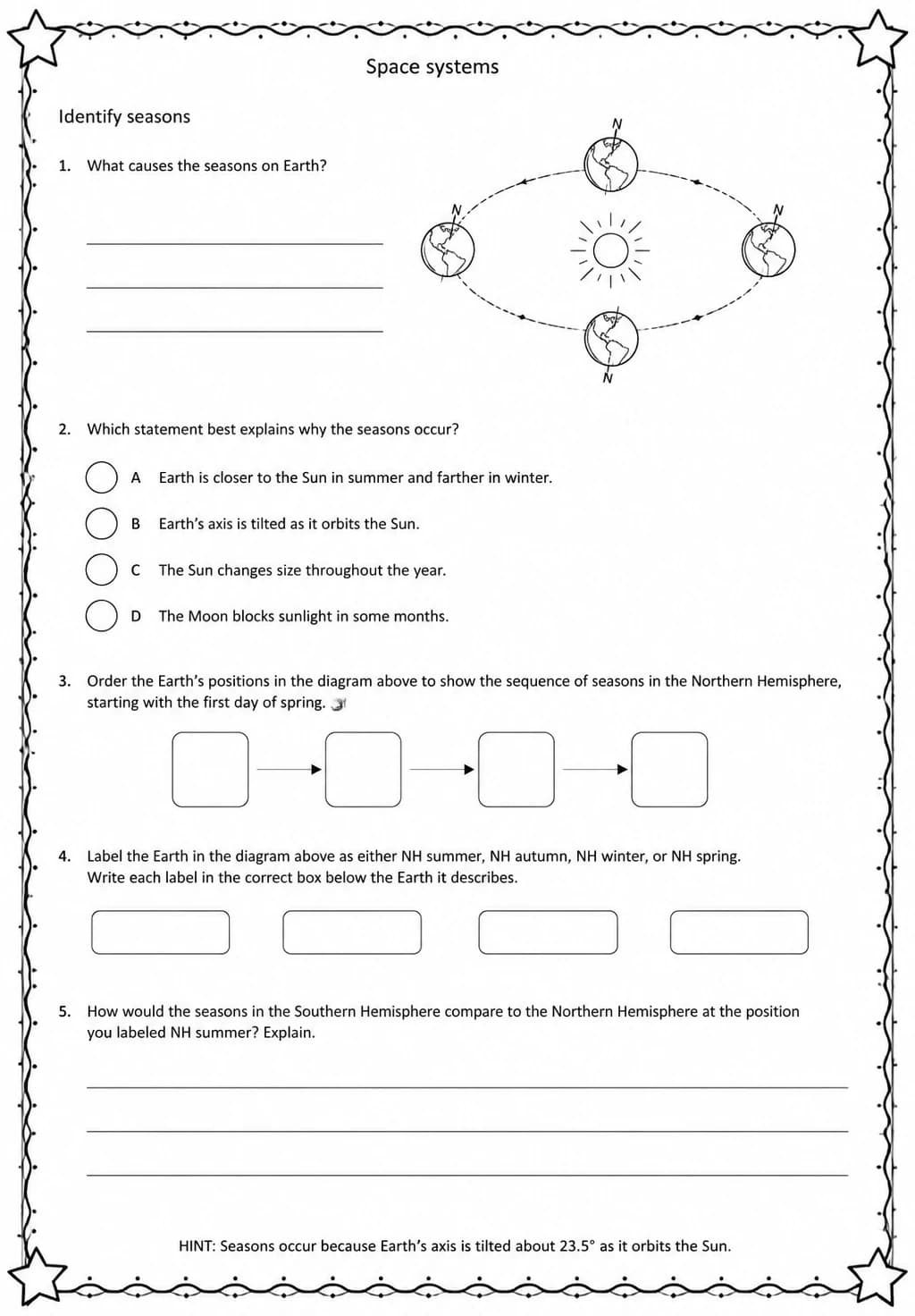 Identify seasons — free printable Middle School Science worksheet