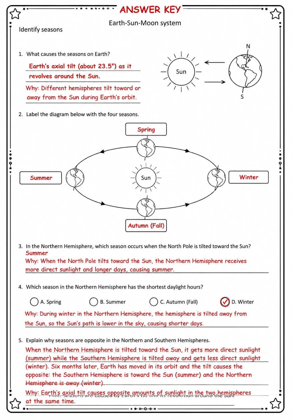 Answer key for Identify seasons — free printable Science worksheet