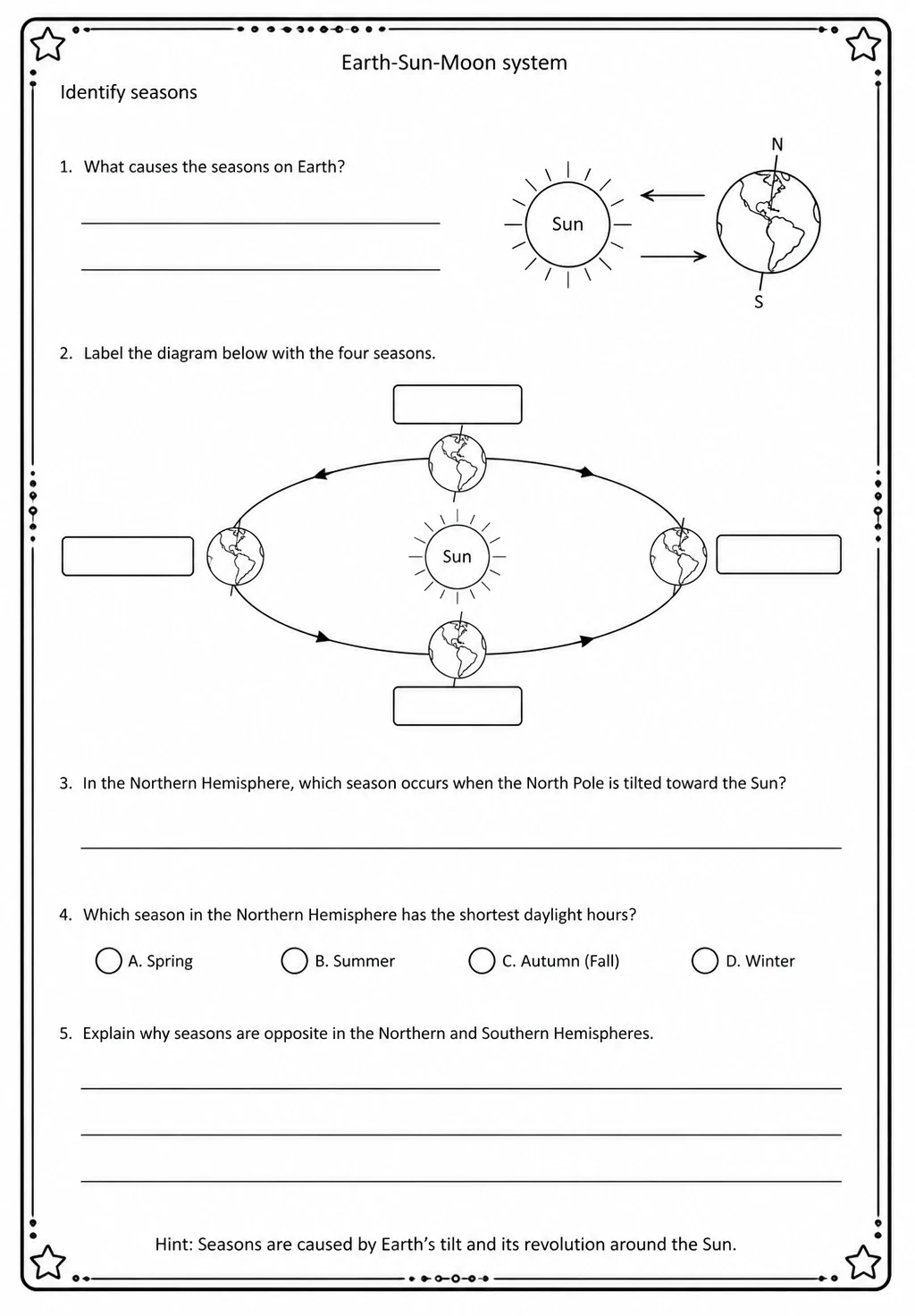 Identify seasons — free printable Middle School Science worksheet