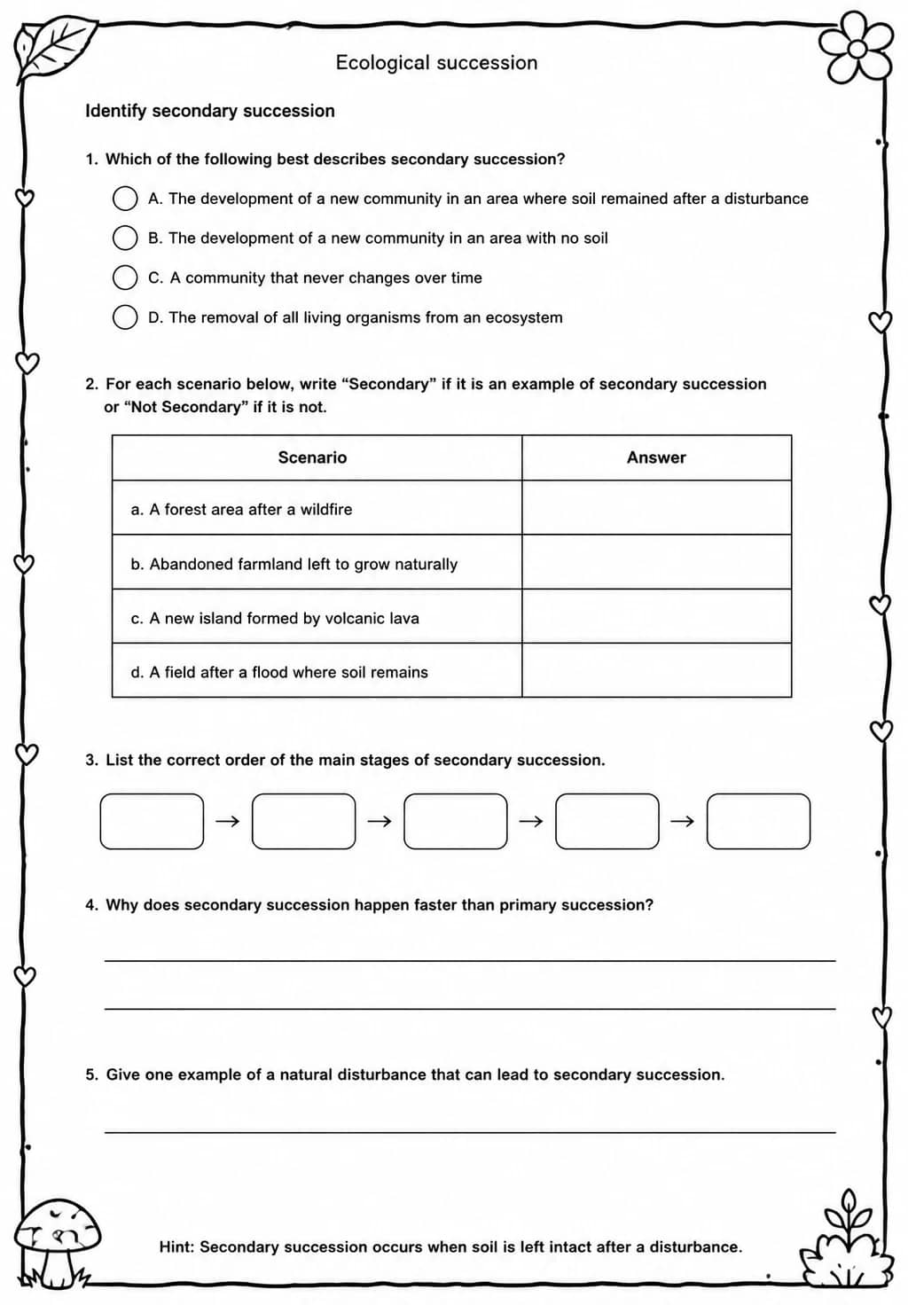 Identify secondary succession — free printable Middle School Science worksheet