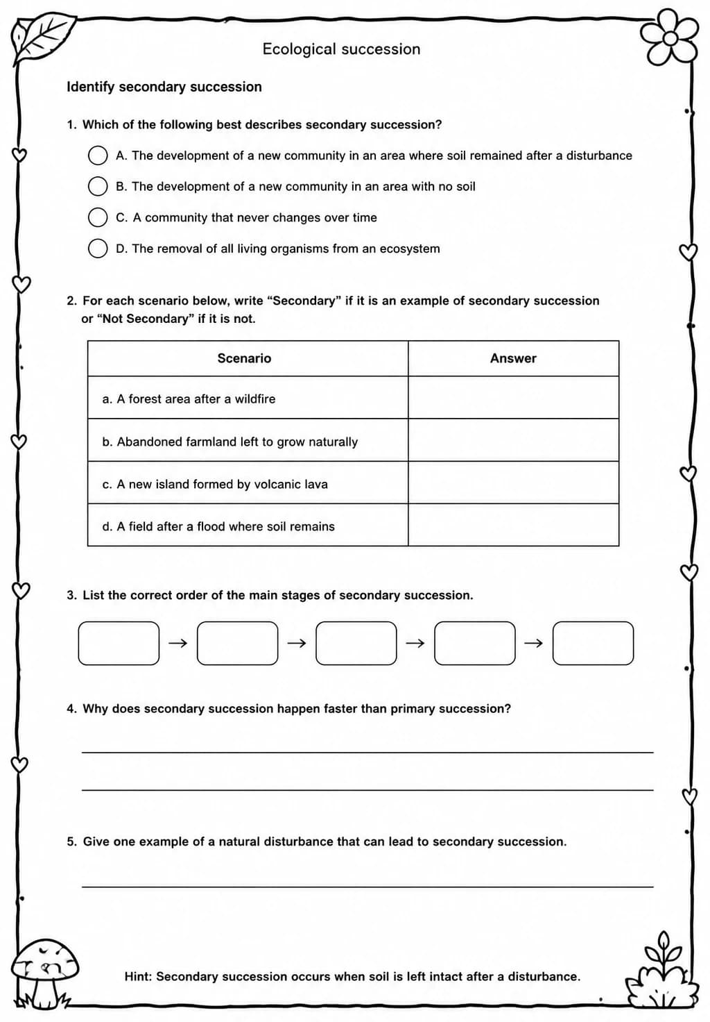 Identify secondary succession — free printable Middle School Science worksheet