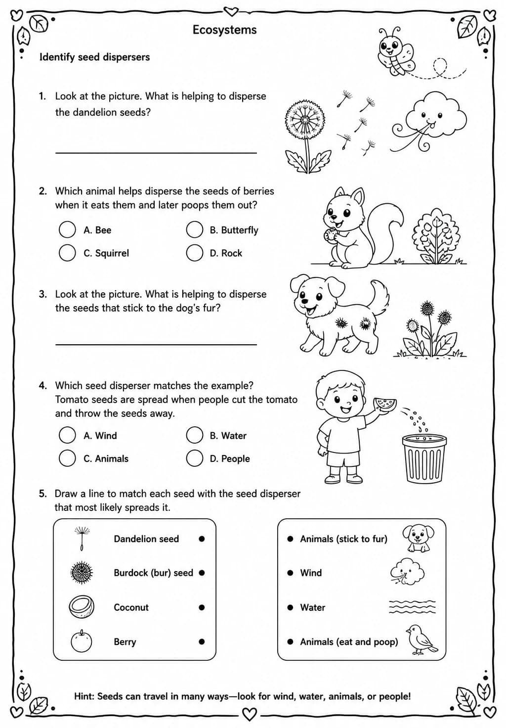 Identify seed dispersers — free printable Grade 2 Science worksheet