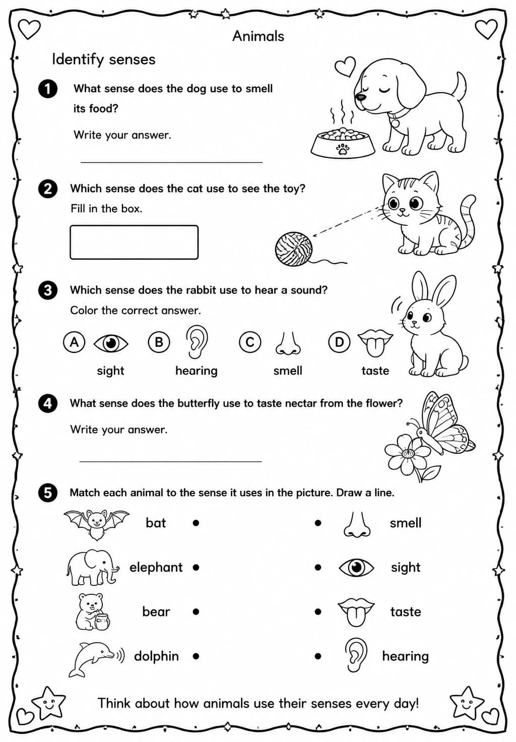Identify senses — free printable Grade 1 Science worksheet
