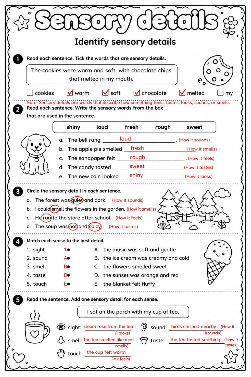 Answer key for Identify sensory details — free printable English & Reading worksheet