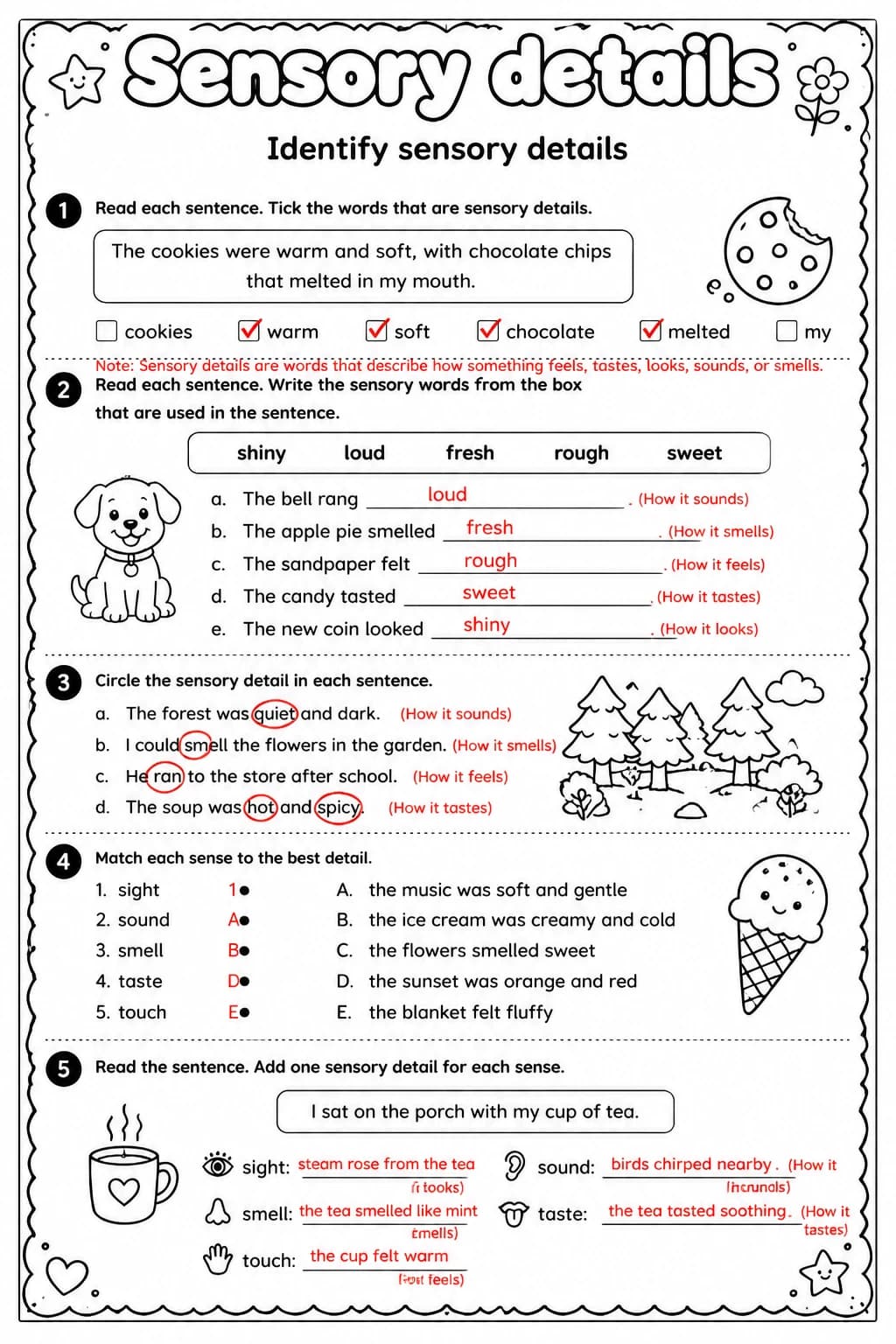 Answer key for Identify sensory details — free printable English & Reading worksheet
