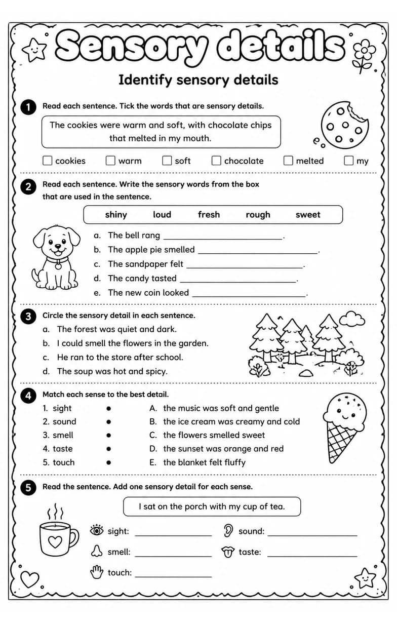 Identify sensory details — free printable Grade 3 English & Reading worksheet