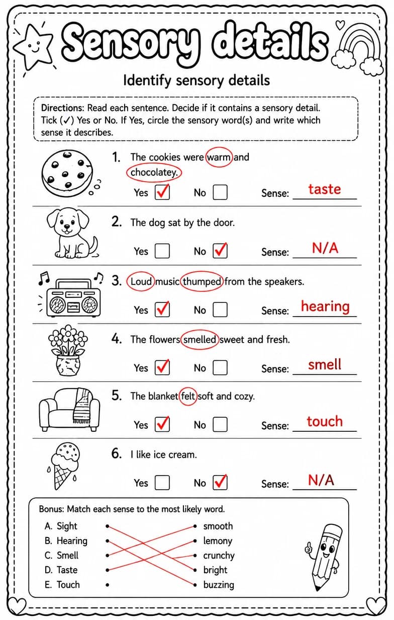 Answer key for Identify sensory details — free printable English & Reading worksheet