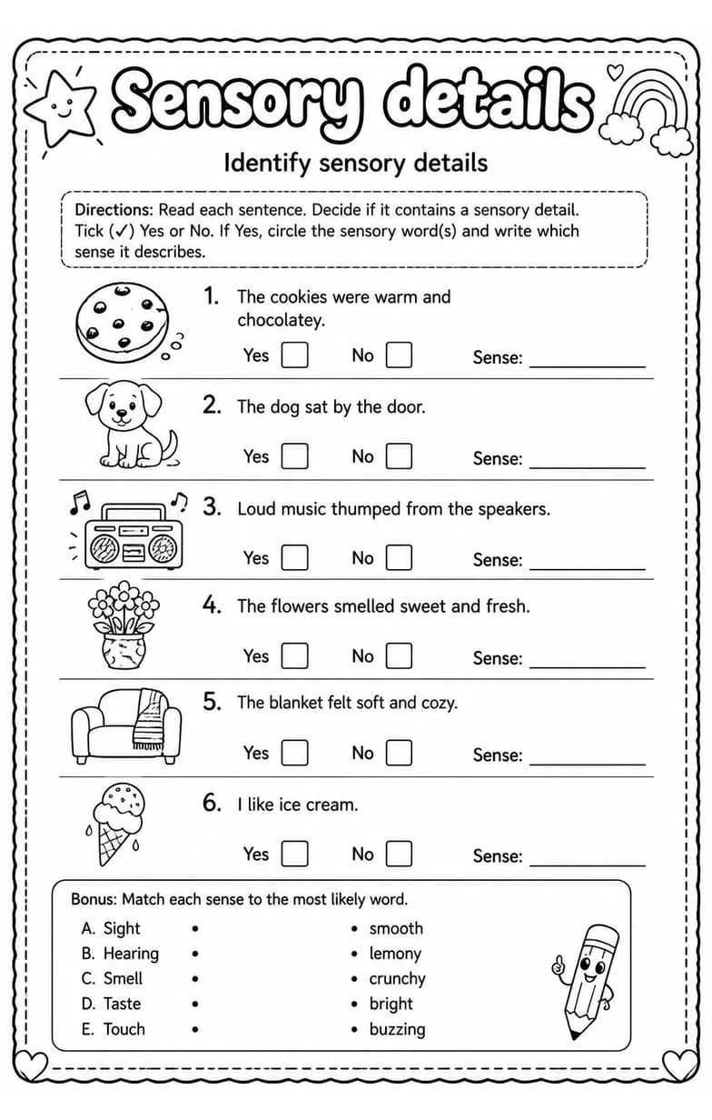 Identify sensory details — free printable Grade 4 English & Reading worksheet