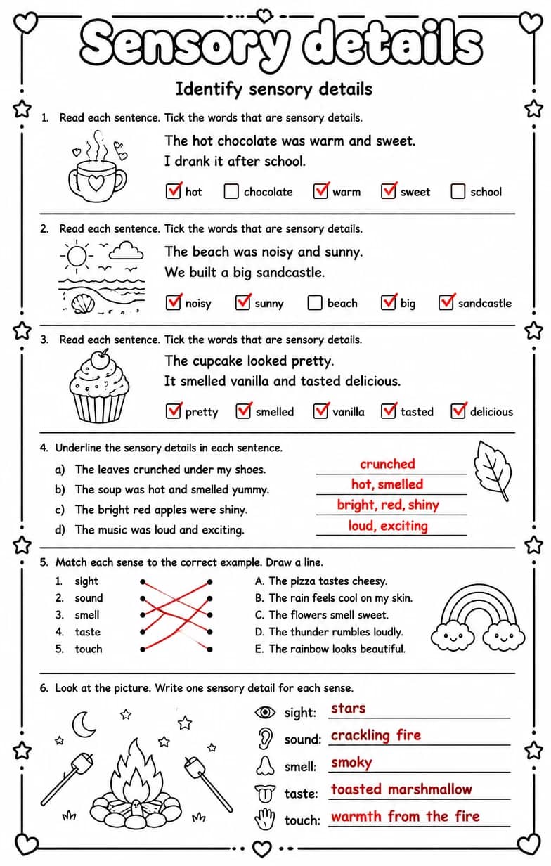 Answer key for Identify sensory details — free printable English & Reading worksheet