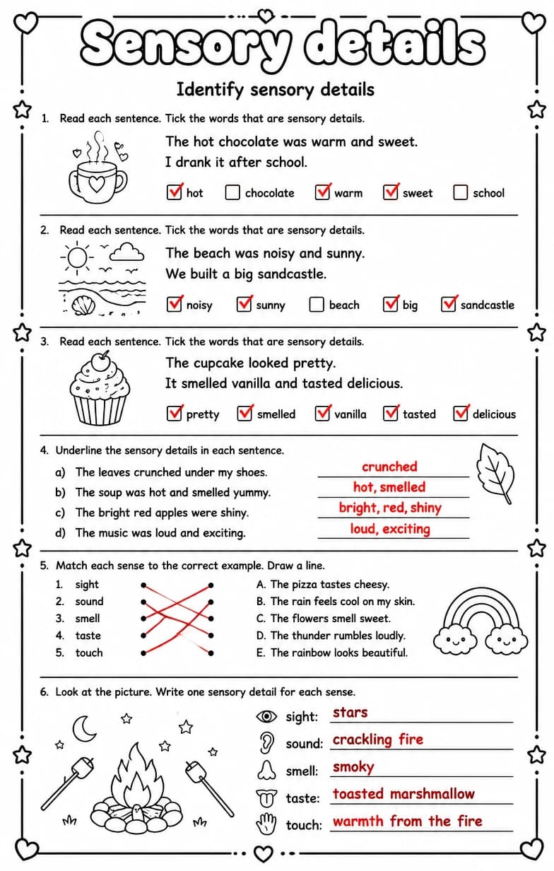 Answer key for Identify sensory details — free printable English & Reading worksheet
