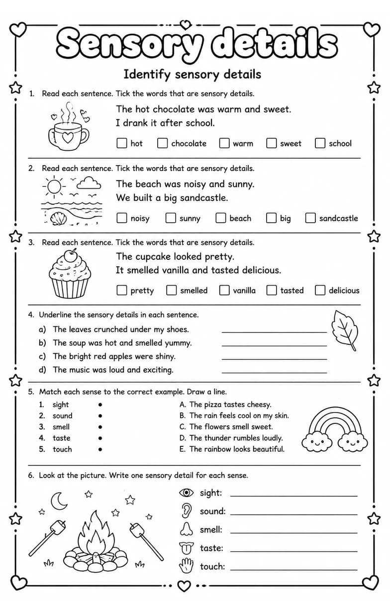 Identify sensory details — free printable Grade 5 English & Reading worksheet