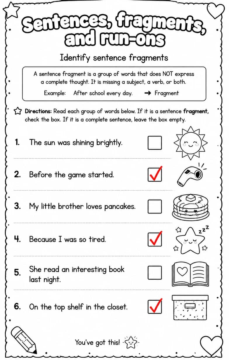 Answer key for Identify sentence fragments — free printable English & Reading worksheet
