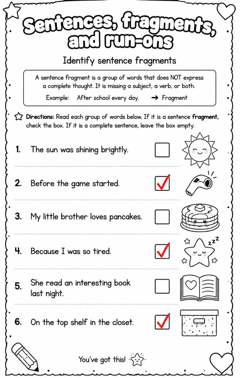 Answer key for Identify sentence fragments — free printable English & Reading worksheet