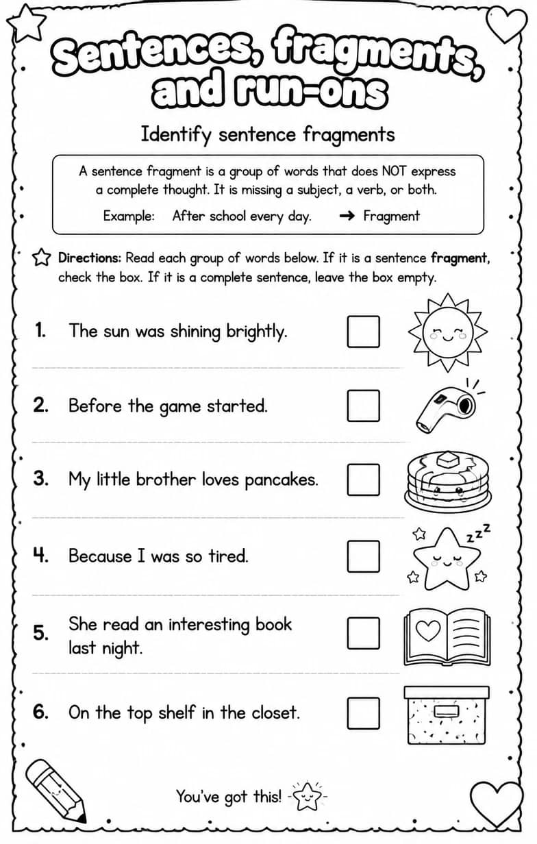 Identify sentence fragments — free printable Grammar and mechanics English worksheet