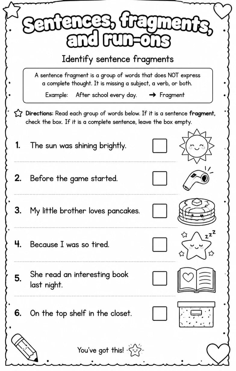 Identify sentence fragments — free printable Grammar and mechanics English worksheet