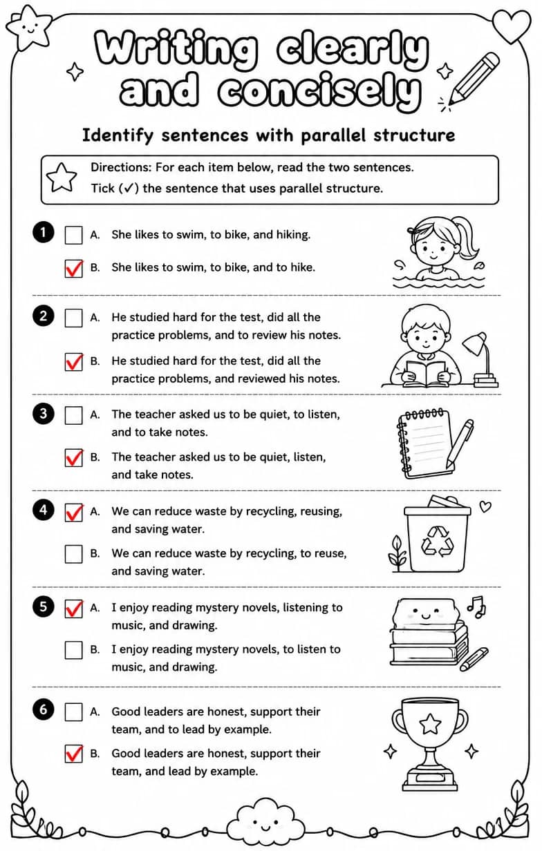 Answer key for Identify sentences with parallel structure — free printable English & Reading worksheet