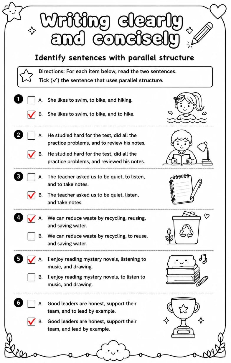 Answer key for Identify sentences with parallel structure — free printable English & Reading worksheet