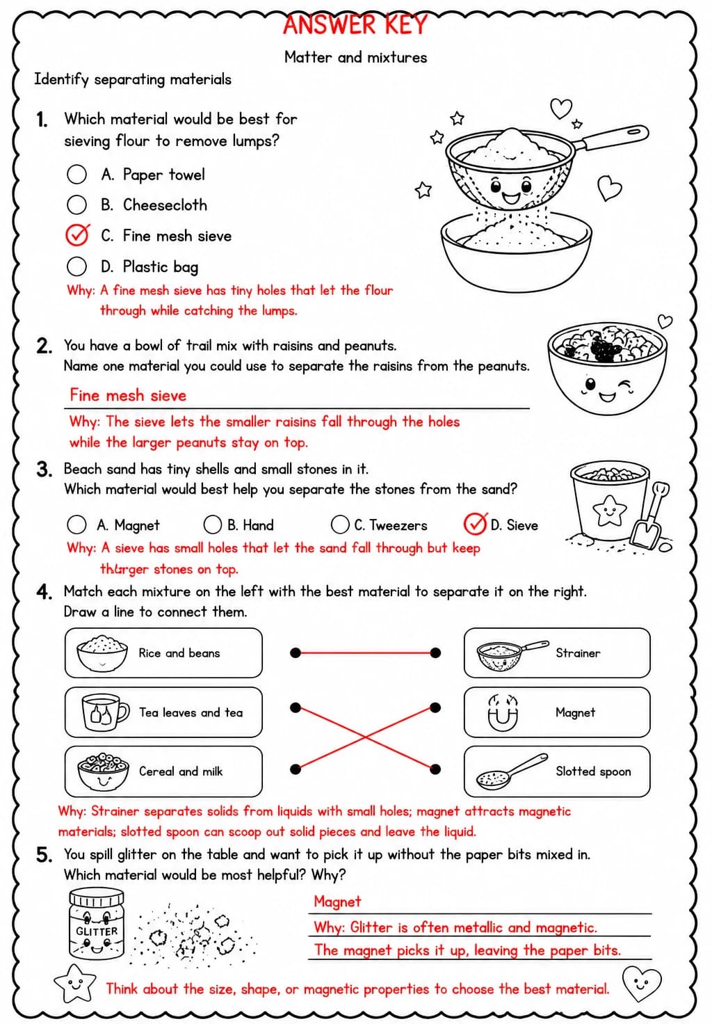 Answer key for Identify separating materials — free printable Science worksheet