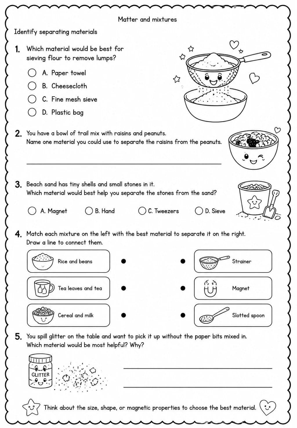 Identify separating materials — free printable Grade 4 Science worksheet