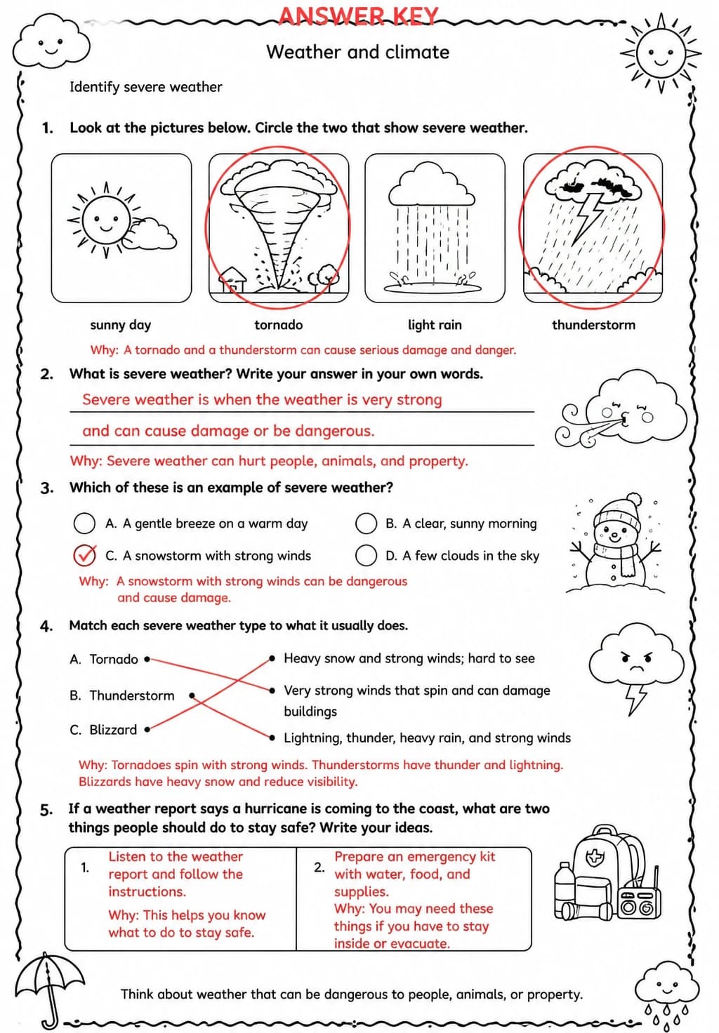 Answer key for Identify severe weather — free printable Science worksheet