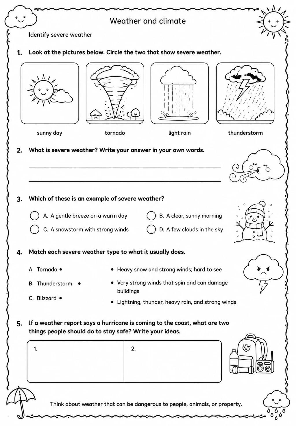 Identify severe weather — free printable Grade 4 Science worksheet