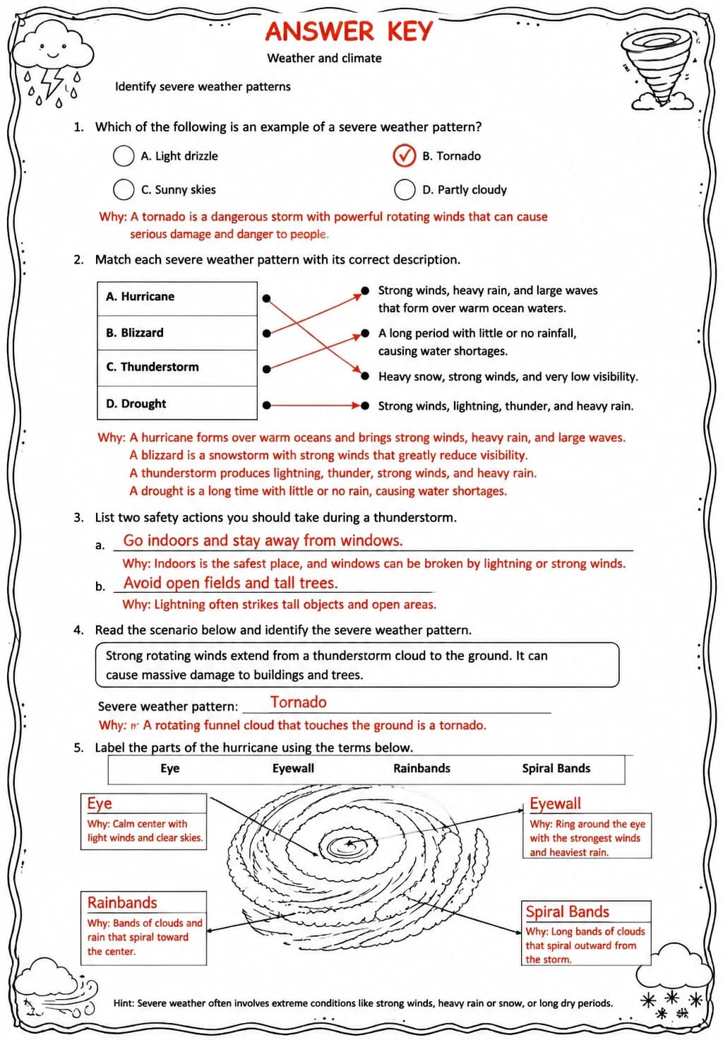 Answer key for Identify severe weather patterns — free printable Science worksheet