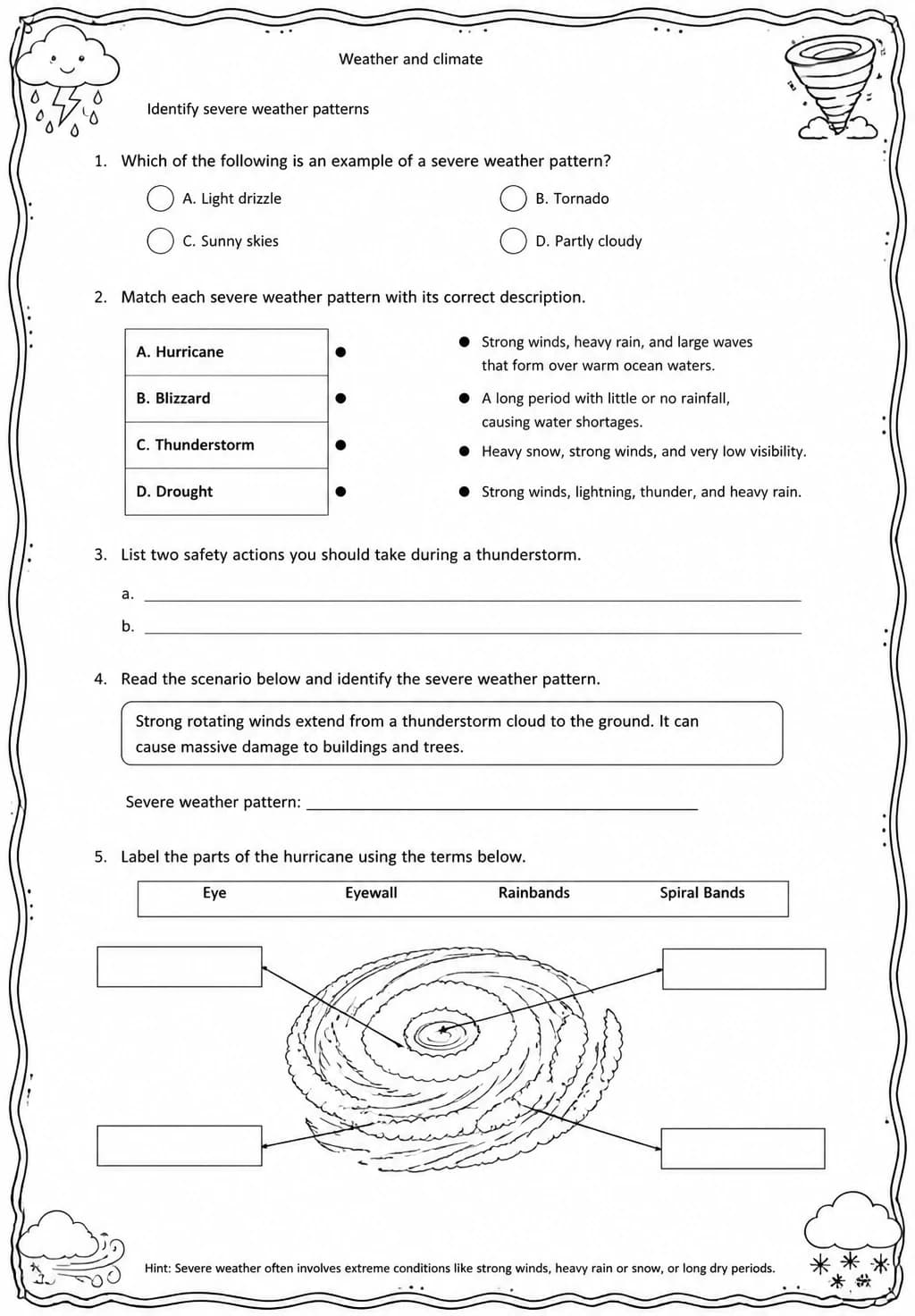 Identify severe weather patterns — free printable Middle School Science worksheet