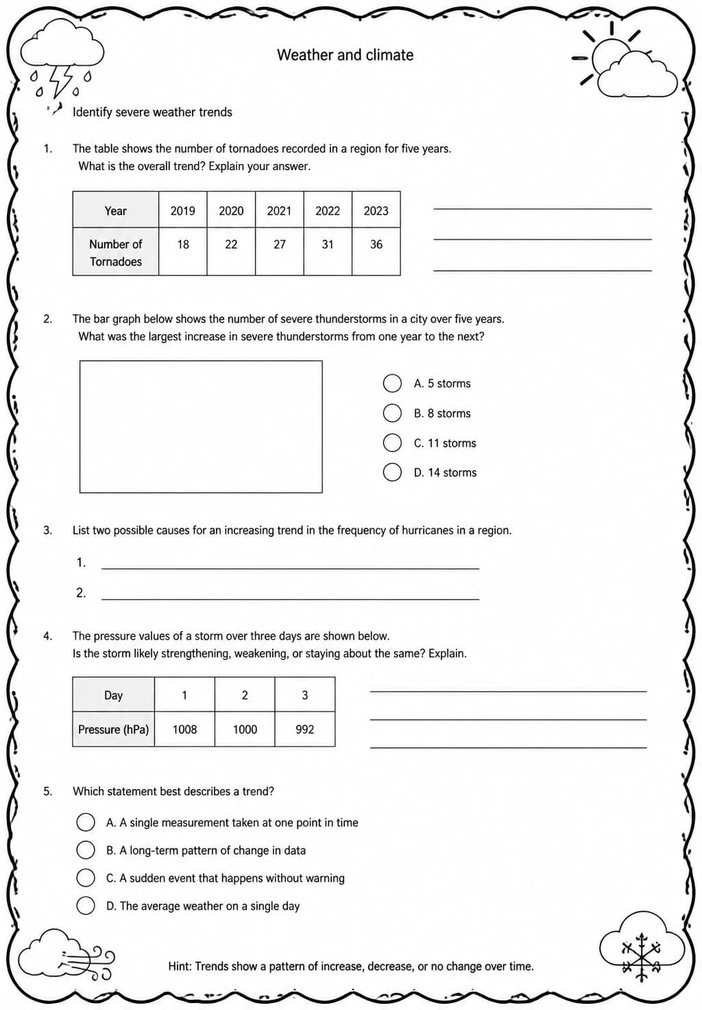 Identify severe weather trends — free printable Middle School Science worksheet