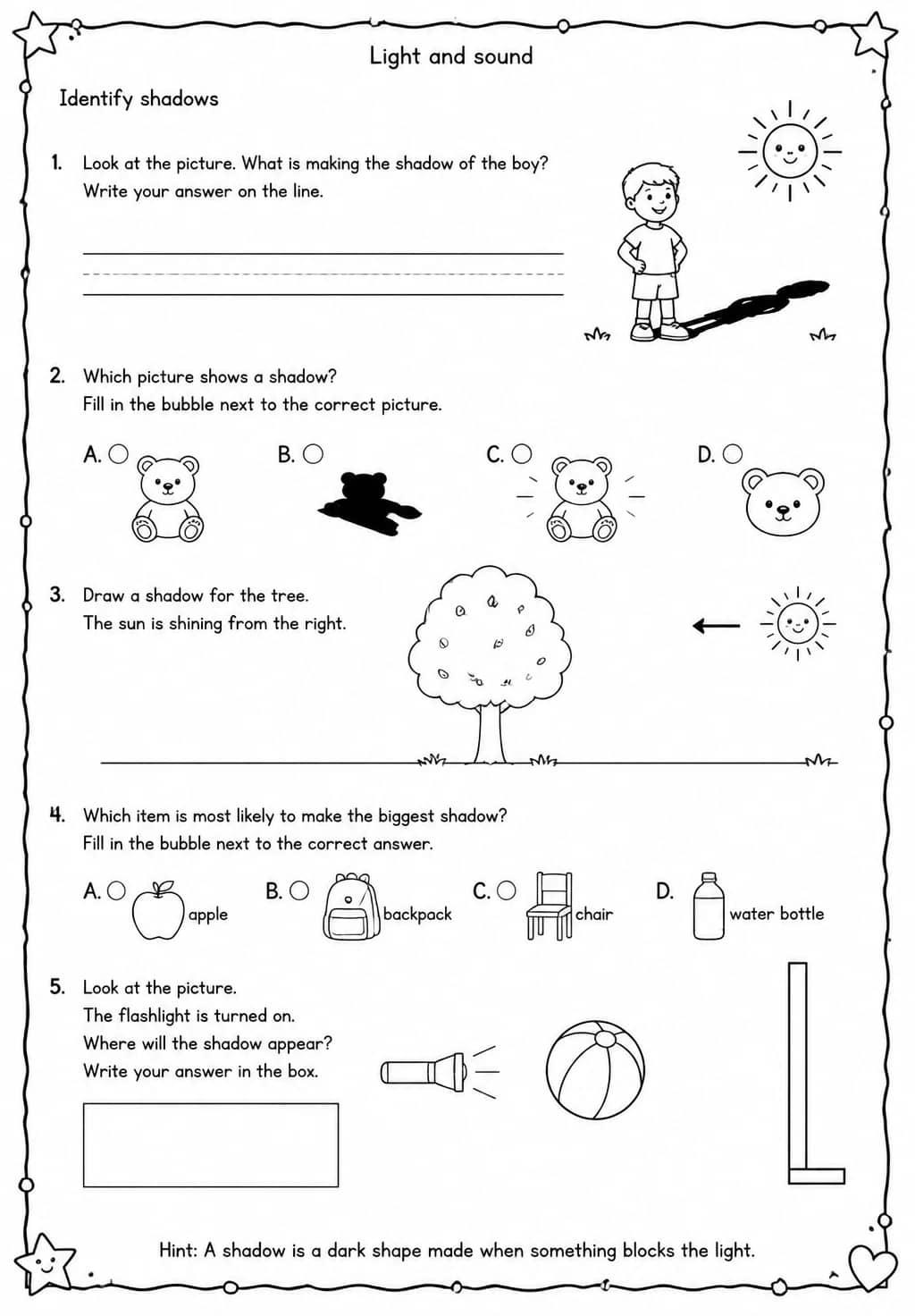 Identify shadows — free printable Grade 1 Science worksheet