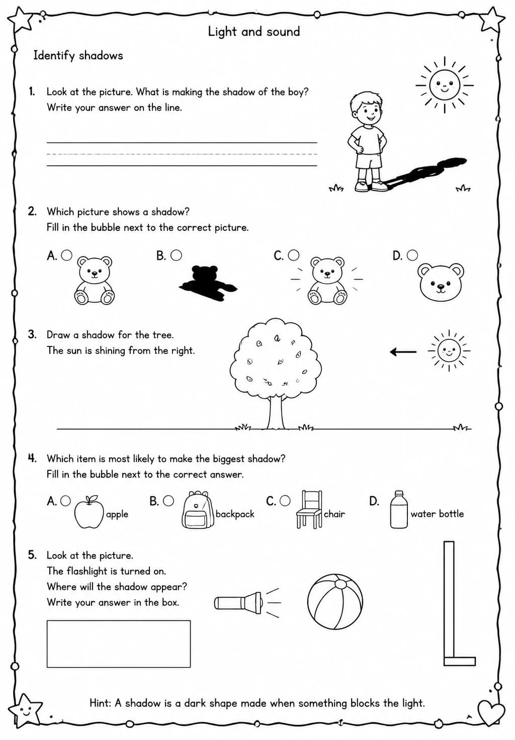 Identify shadows — free printable Grade 1 Science worksheet