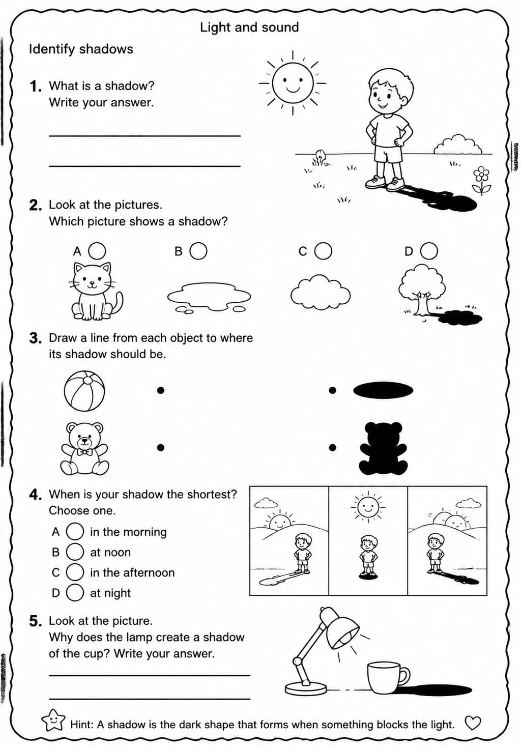 Identify shadows — free printable Grade 2 Science worksheet