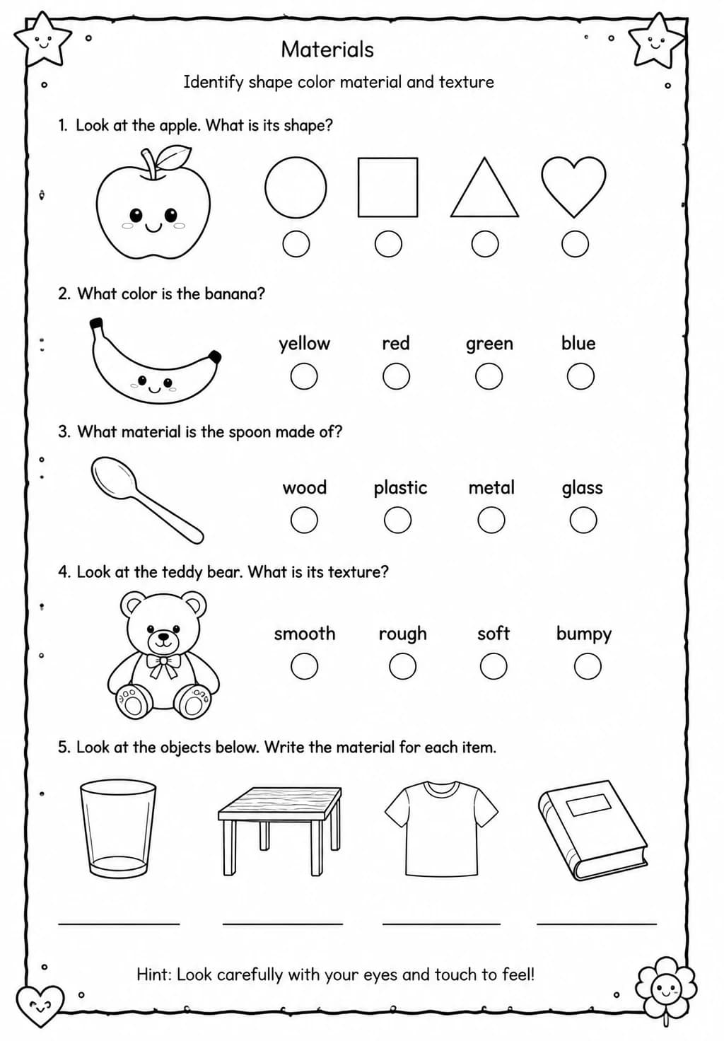 Identify shape color material and texture — free printable Grade 1 Science worksheet