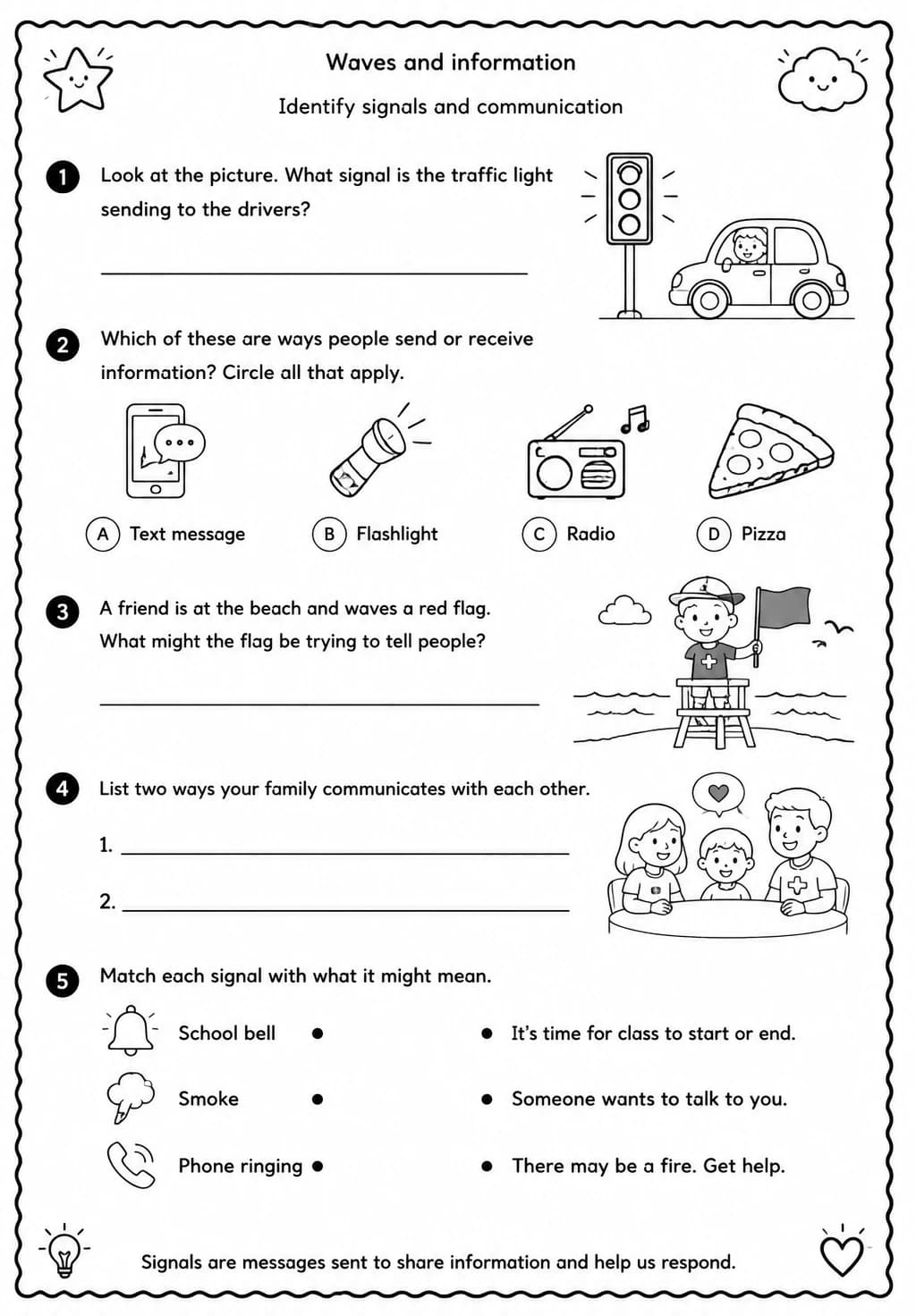 Identify signals and communication — free printable Grade 4 Science worksheet