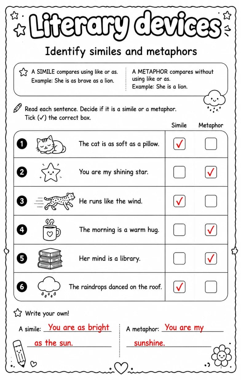 Answer key for Identify similes and metaphors — free printable English & Reading worksheet
