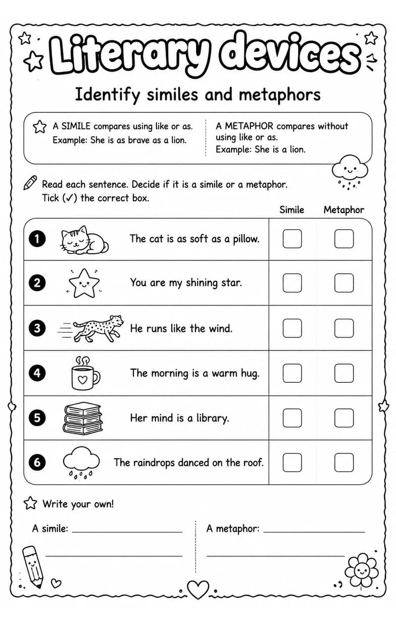 Identify similes and metaphors — free printable Reading strategies English worksheet