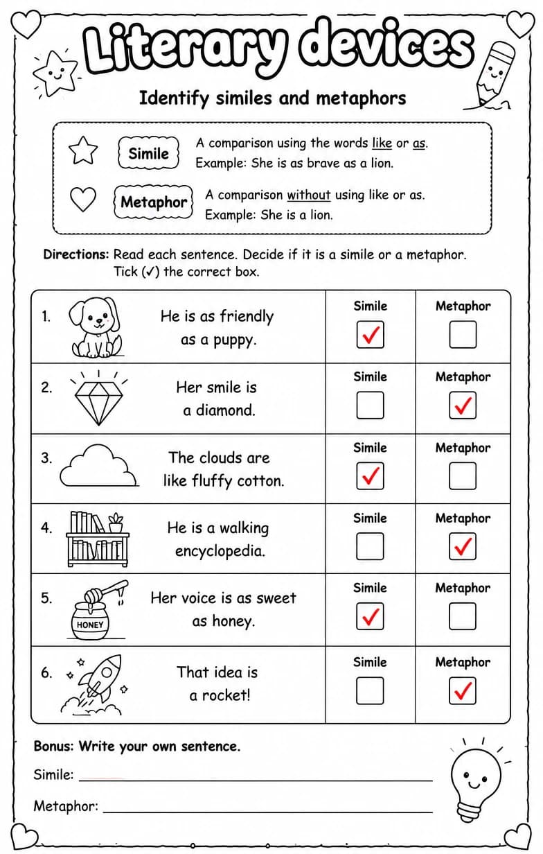 Answer key for Identify similes and metaphors — free printable English & Reading worksheet