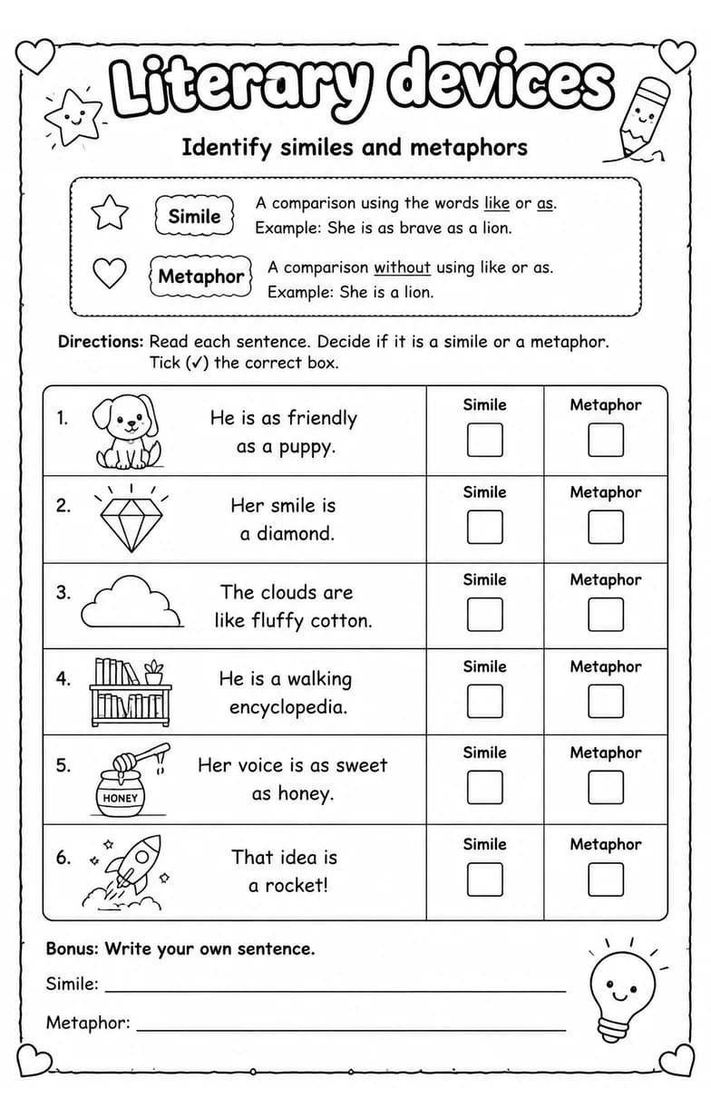 Identify similes and metaphors — free printable Reading strategies English worksheet