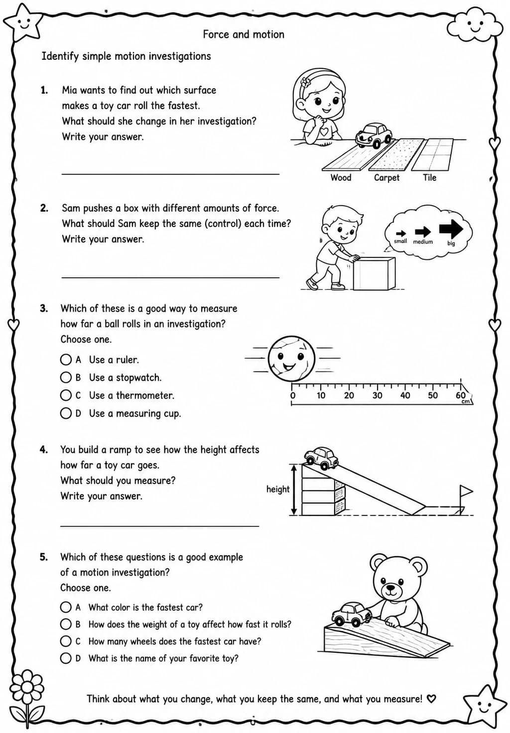 Identify simple motion investigations — free printable Grade 2 Science worksheet