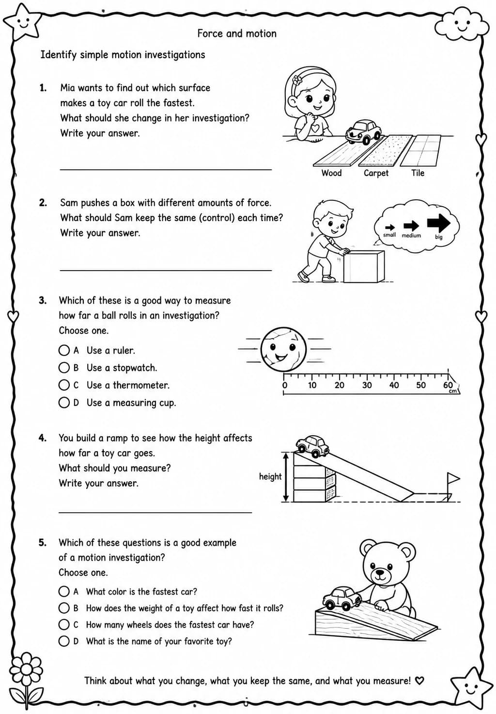 Identify simple motion investigations — free printable Grade 2 Science worksheet