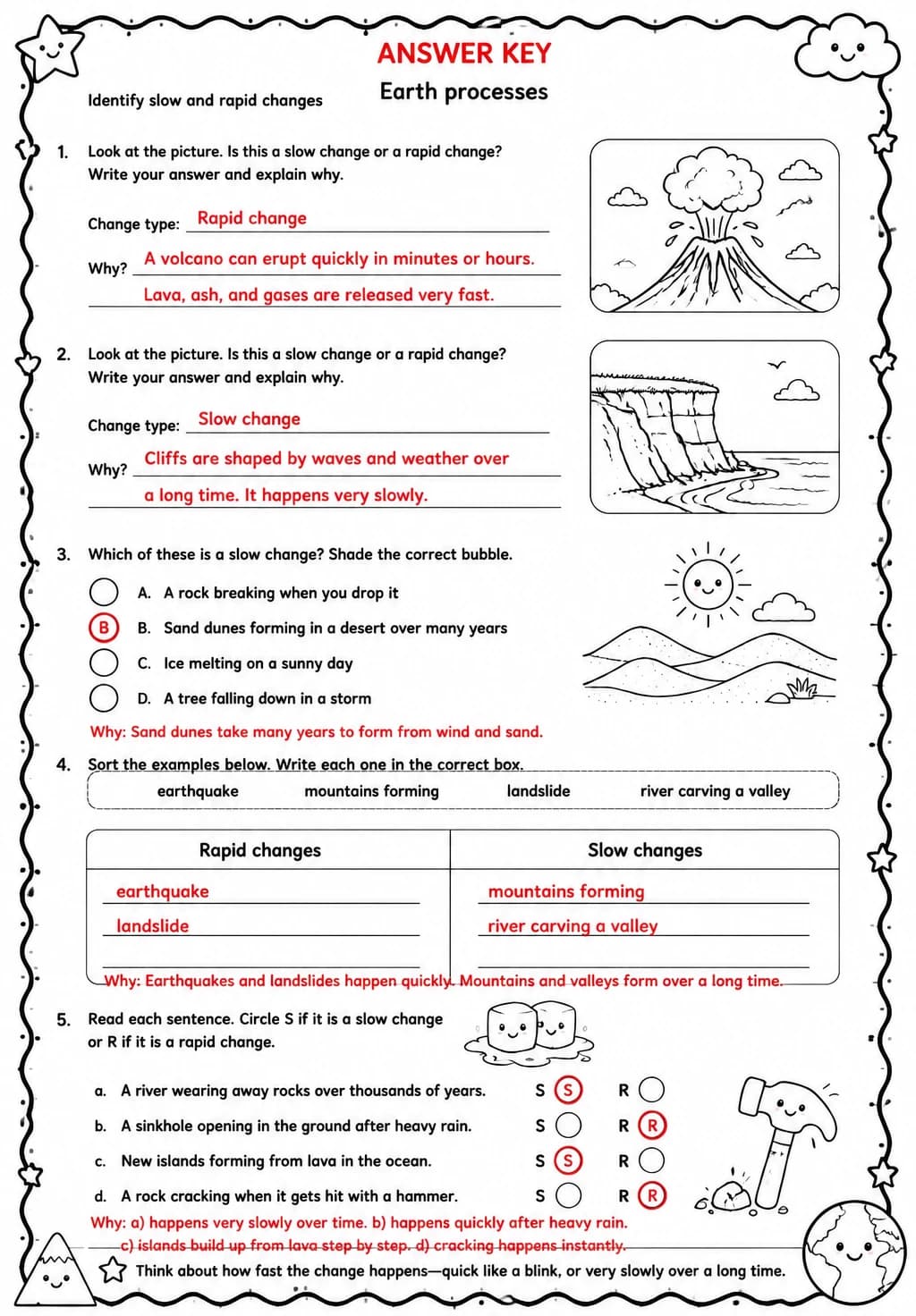 Answer key for Identify slow and rapid changes — free printable Science worksheet