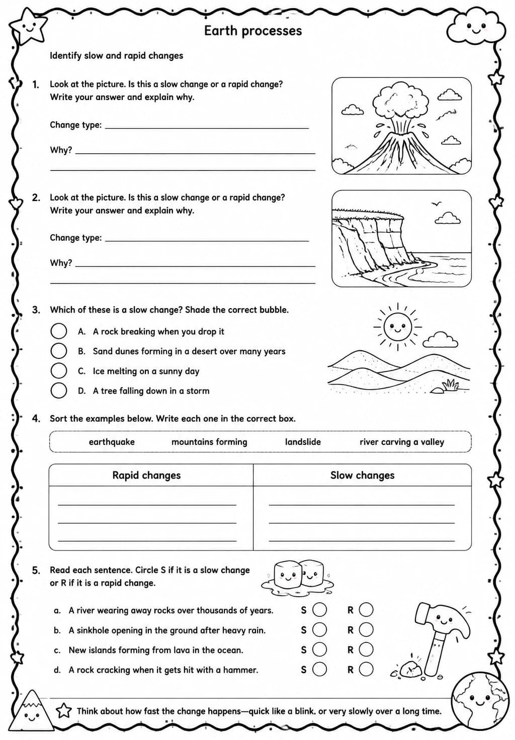 Identify slow and rapid changes — free printable Grade 4 Science worksheet